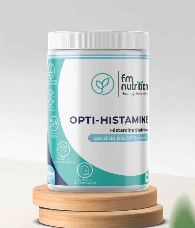 FMN Opti-Histamine | Histamine Stabilizer Candida Die Off Support | Natural Antiallergic Blend for Enhanced Immune Health and Detoxification | Histamine Support with NAC, Stinging Nettle, Bromelain for Allergy | 200 GM Powder