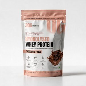 AutoimmunityCare hydrolysed whey protein chocolate fudge 30g per serving with DigeZyme enzymes for gut health and cellular recovery